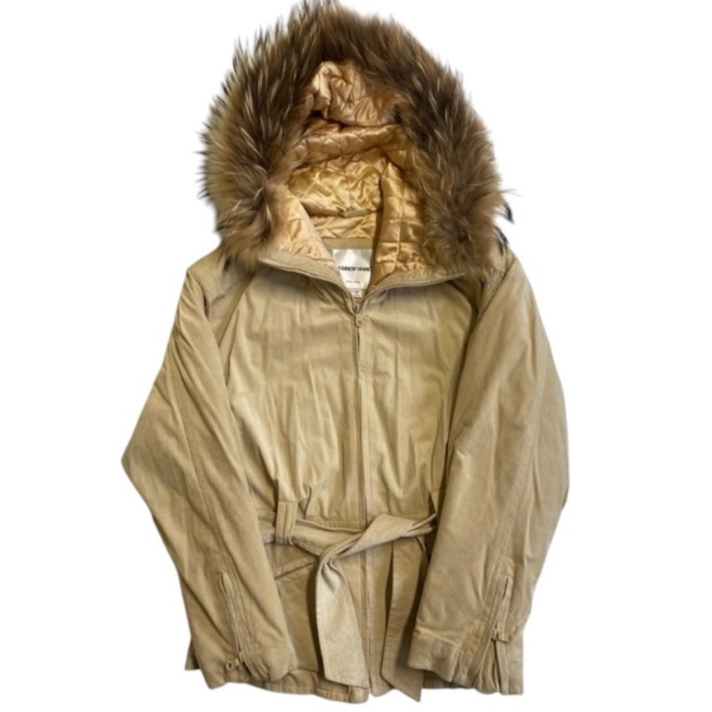 ANDREW MARC Faux Fur Hooded Suede Belted Winter Parka Coat Jacket Medium